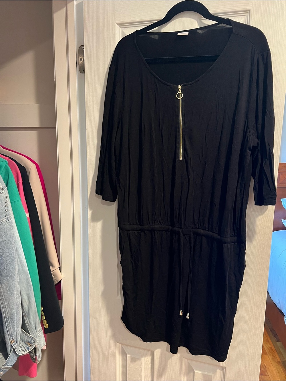 Black Zip-Front Swim Coverup Tunic with Drawstring